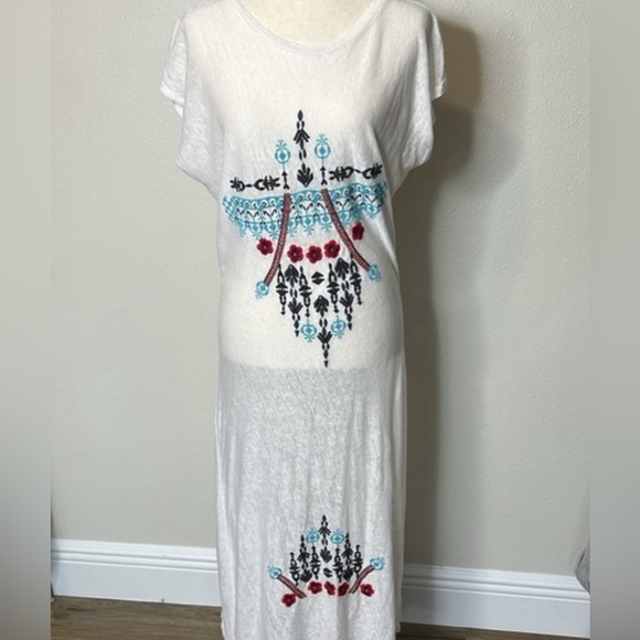 JOHNNY WAS Linen Midi Shirt Dress Cover Up Sheer Embroidery Loose Beach‎ S READ - Picture 1 of 16